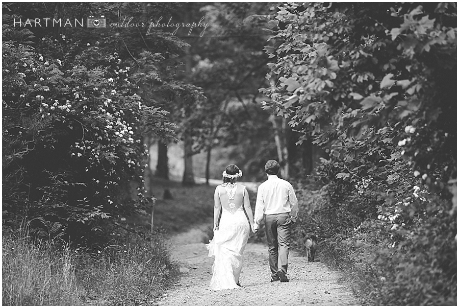 Bride and Groom Walking Away into Woods Forest