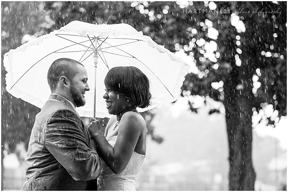 Bride and Groom Under Umbrella and Rain