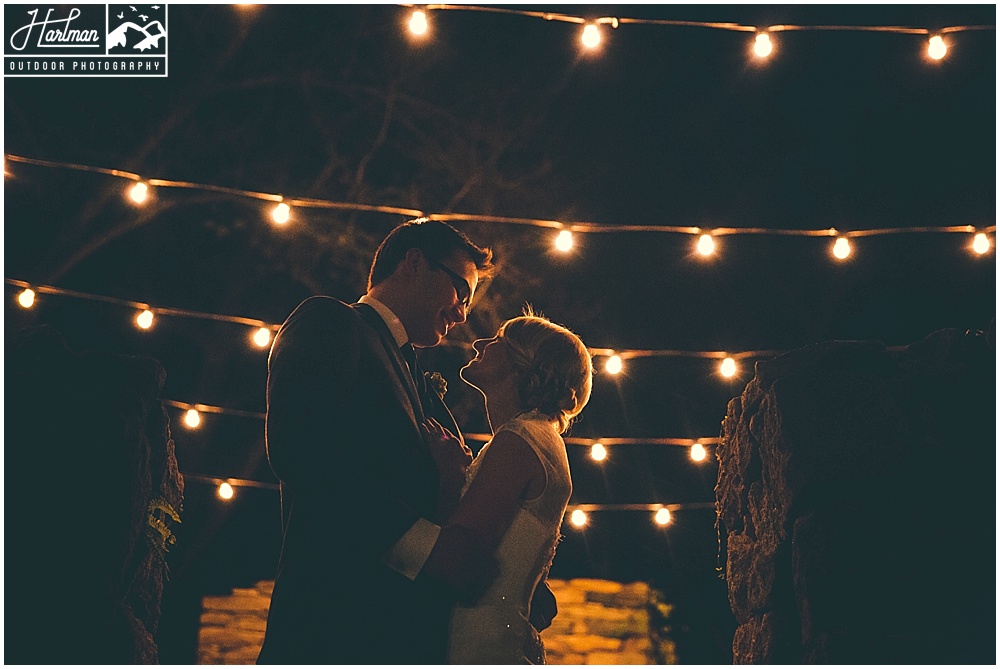 The Mill at Fine Creek Ruins with Marketlights at Night bride and groom portrait